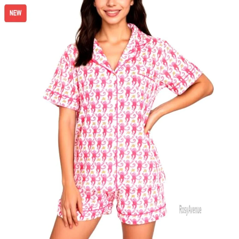 Women's Cotton-Blend Pajama Set, Short Sleeve Button-Down Top & Shorts, - Picture 2 of 8